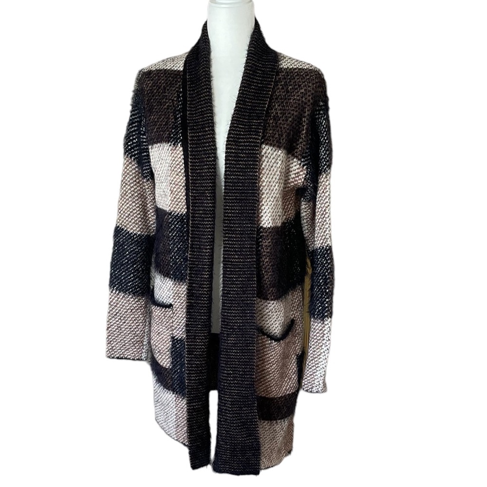 Black Tape Soft Cozy Black & Cream Striped Duster Length Cardigan Sweater Coat M